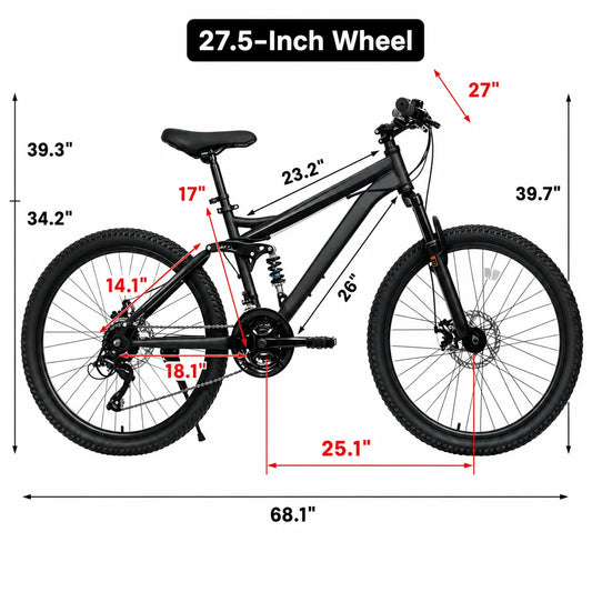 24/26/27.5 Inch Full Suspension Mountain Bike 21-Speed.