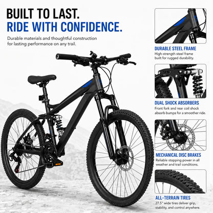 24/26/27.5 Inch Full Suspension Mountain Bike 21-Speed.