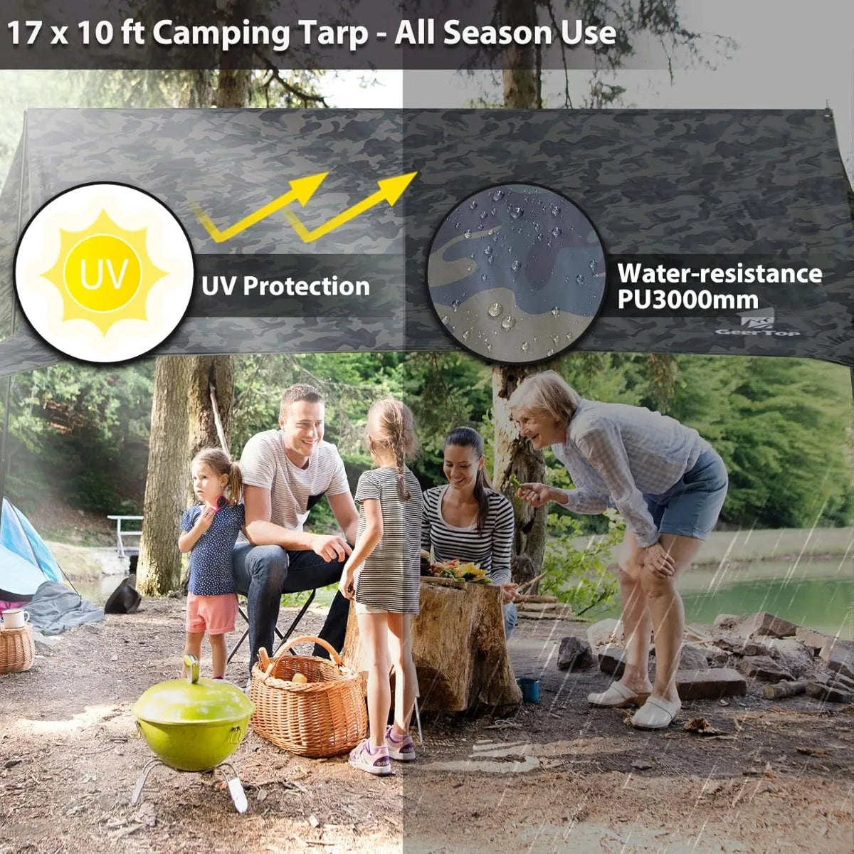 Camo Camping Tarp 17x10FT Waterproof Rain Fly for Shelter