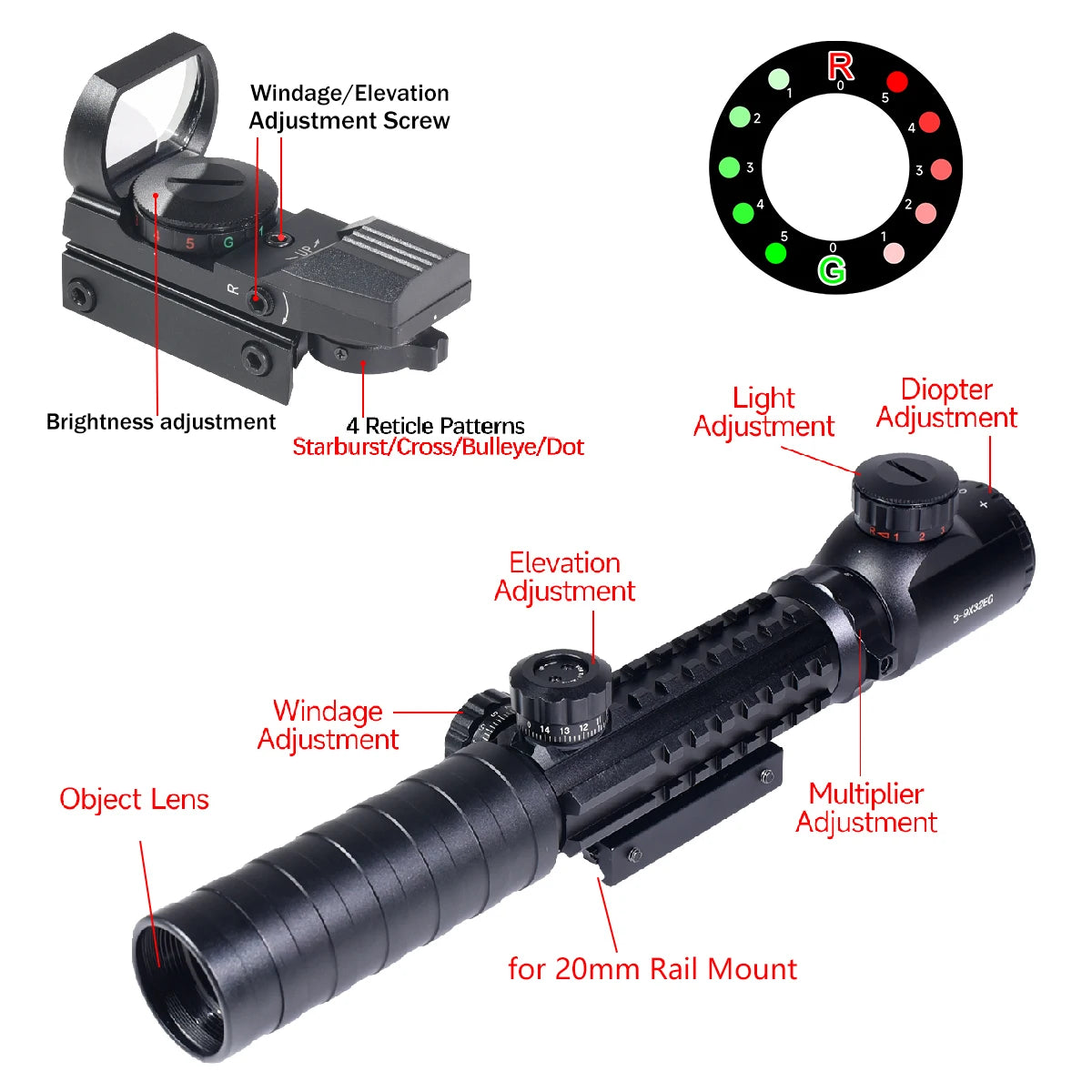 Tactical 3-9X32EG Riflescope Laser Red Dot 3 in 1 Combo Optic Sight Red Green Illuminated Reflex 4 Reticle Hunting Scope