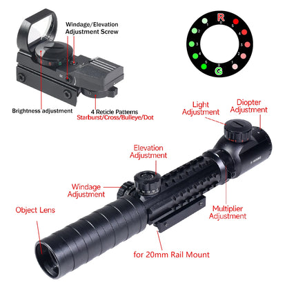 Tactical 3-9X32EG Riflescope Laser Red Dot 3 in 1 Combo Optic Sight Red Green Illuminated Reflex 4 Reticle Hunting Scope