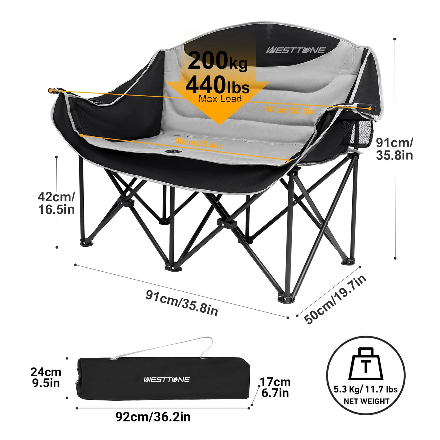 Oversized Outdoor Double Camping Chair 440lbs capacity