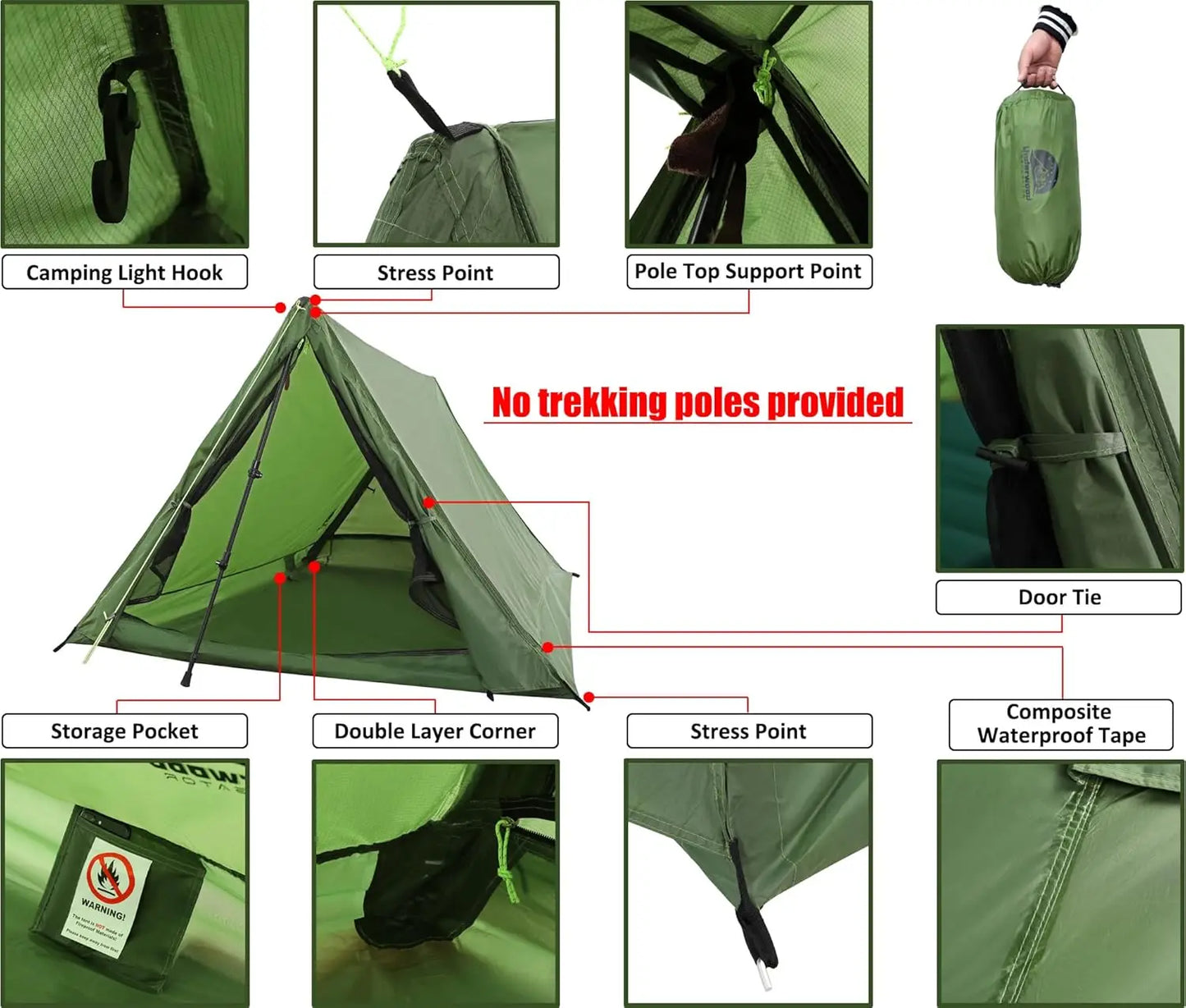 Ultralight 2-Person Trekking Pole Tent for Backpacking.