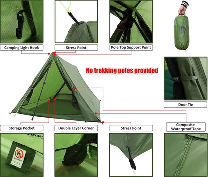 Ultralight 2-Person Trekking Pole Tent for Backpacking.