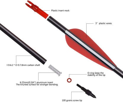 6/12PCS 26/28/30" Carbon Hunting Arrows, Spine 500, 100 Grain