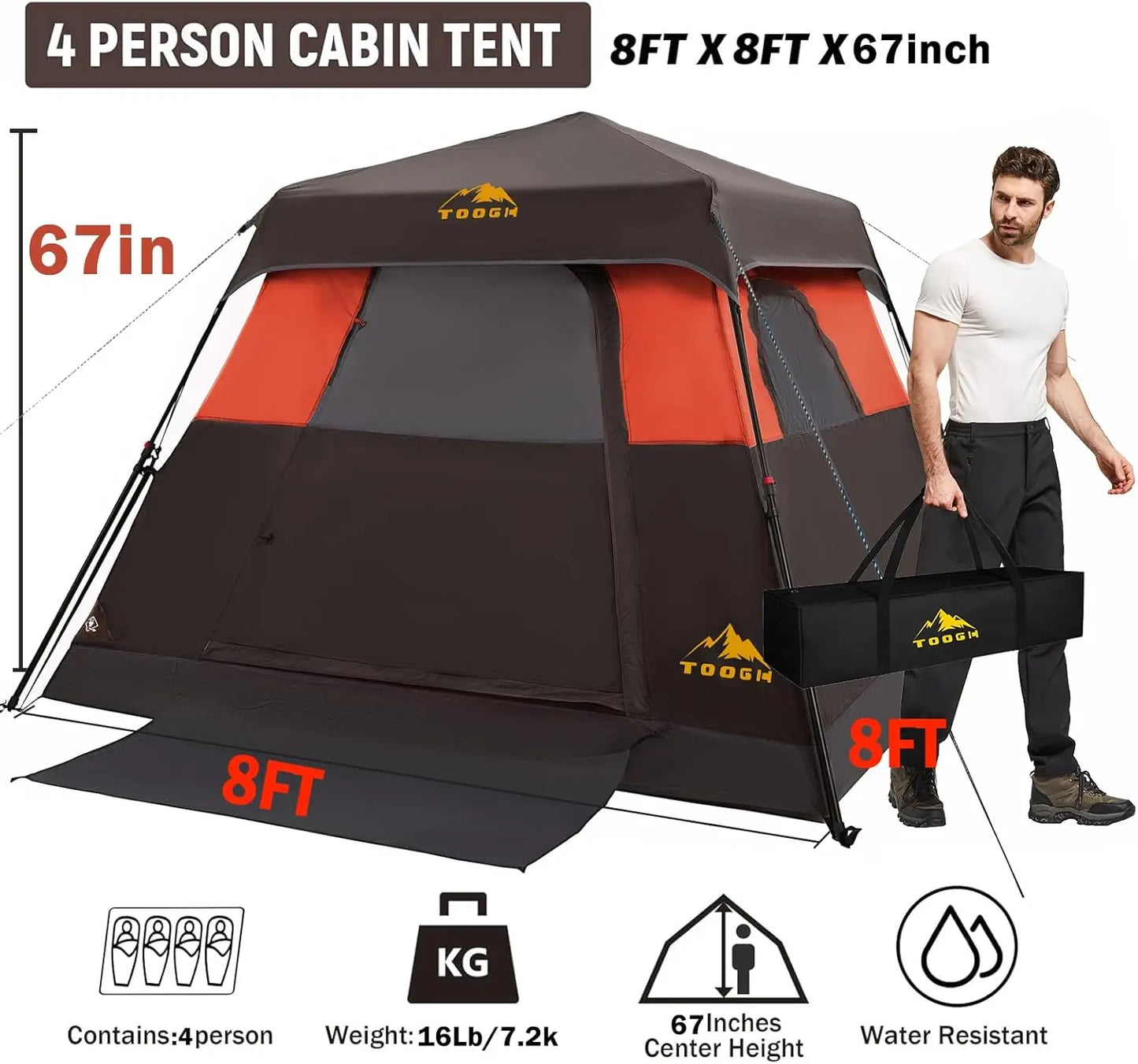 Waterproof 3-4 Person Instant Pop-Up Camping Tent quick set-up