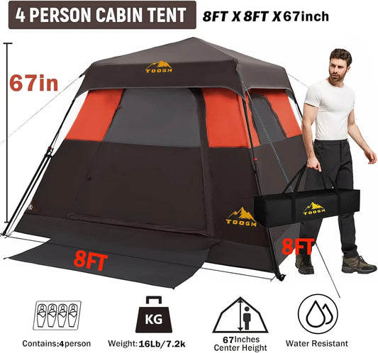 Waterproof 3-4 Person Instant Pop-Up Camping Tent quick set-up
