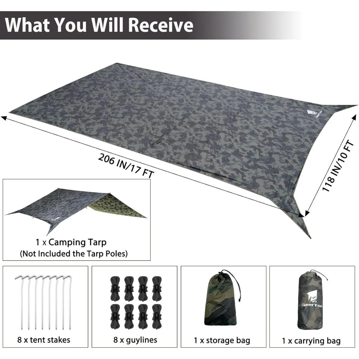 Camo Camping Tarp 17x10FT Waterproof Rain Fly for Shelter