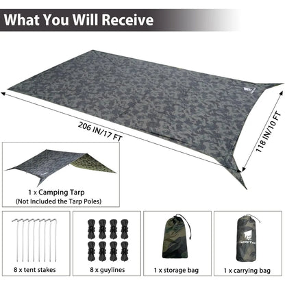Camo Camping Tarp 17x10FT Waterproof Rain Fly for Shelter