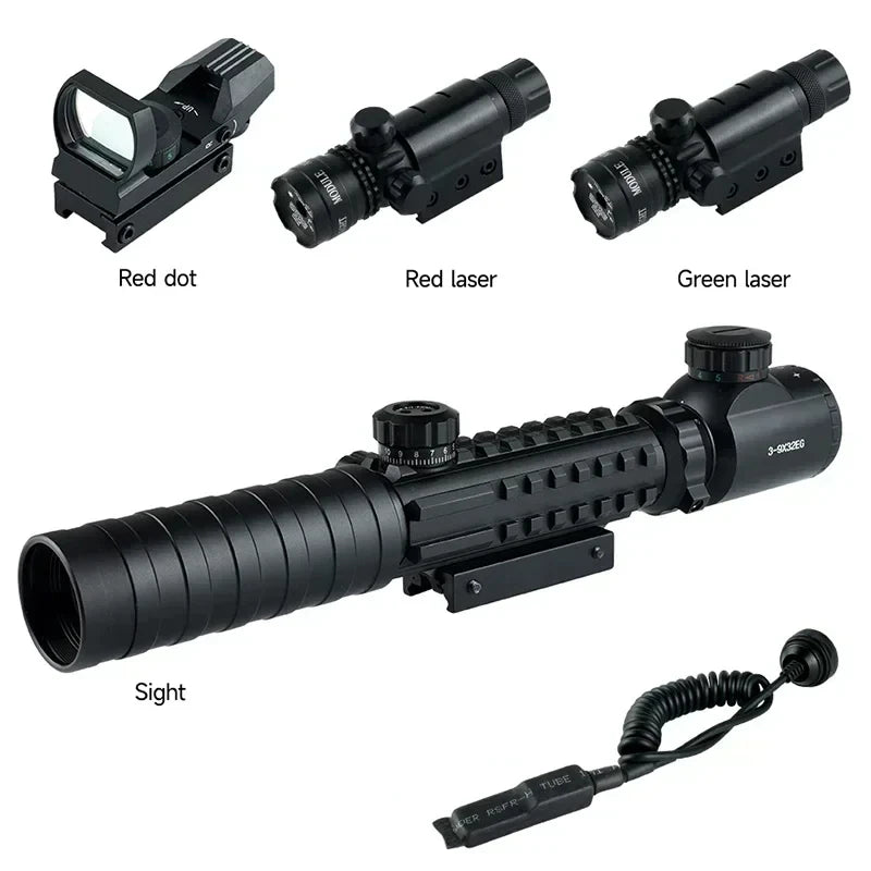 Tactical 3-9X32EG Riflescope Laser Red Dot 3 in 1 Combo Optic Sight Red Green Illuminated Reflex 4 Reticle Hunting Scope