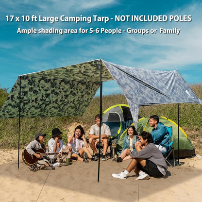 Camo Camping Tarp 17x10FT Waterproof Rain Fly for Shelter