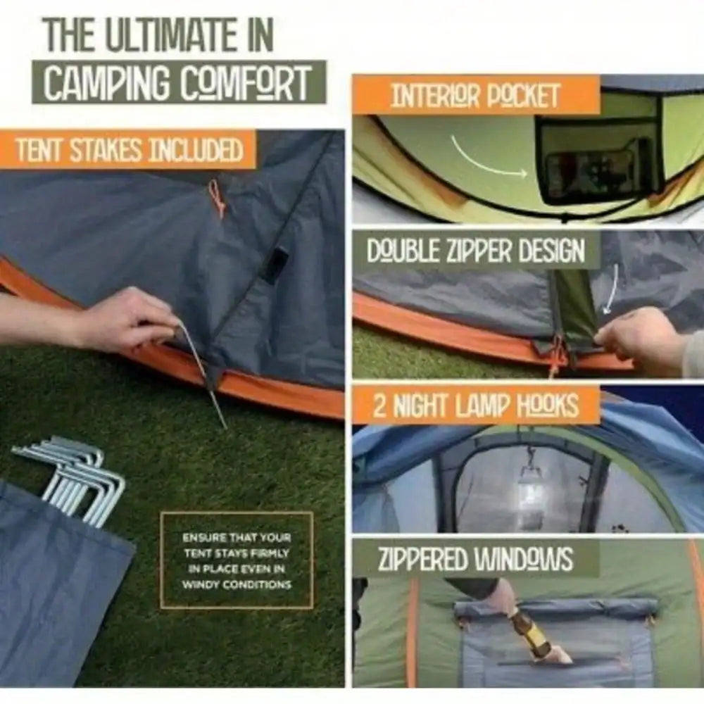 Camping 4 Person Pop-Up Tent with 2 Doors UPF50+ Waterproof