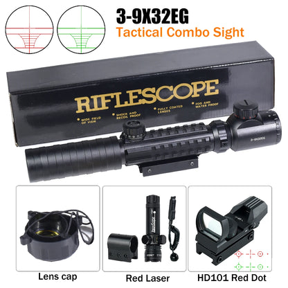 Tactical 3-9X32EG Riflescope Laser Red Dot 3 in 1 Combo Optic Sight Red Green Illuminated Reflex 4 Reticle Hunting Scope