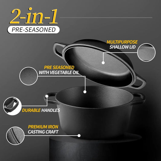2-in-1 Pre-Seasoned Cast Iron Dutch Oven for Outdoor Cooking