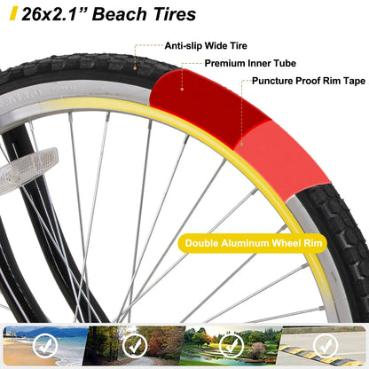 26 Inch Women's Beach Cruiser Bike, Single Speed Bike